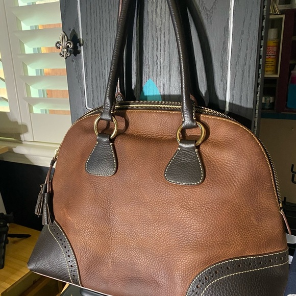 Dooney & Bourke Brown Nubuck and Pebbled Leather Domed Satchel Bag. - Picture 2 of 14